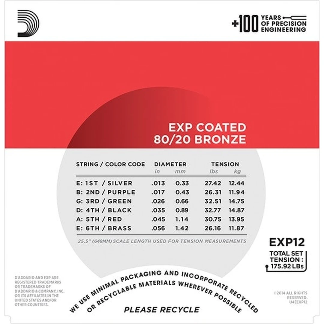 Струны для акустической гитары D'Addario EXP12 Medium 13-56