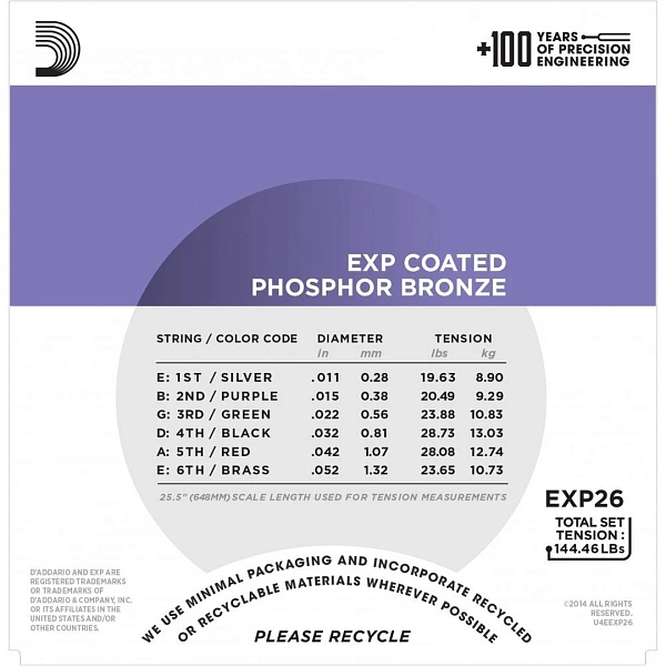 Струны для акустической гитары D’Addario EXP26-3D Coated Phosphor Bronze 11-52