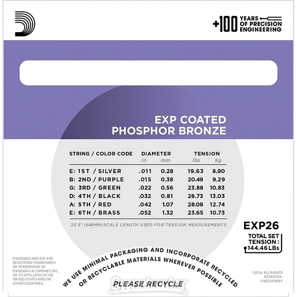 Струны для акустической гитары D'Addario EXP26 Custom Light 11-52