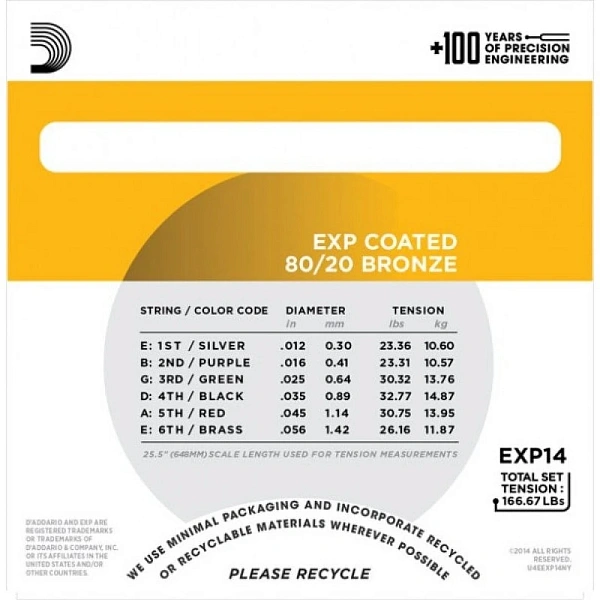 Струны для акустической гитары D'Addario EXP14 12-56