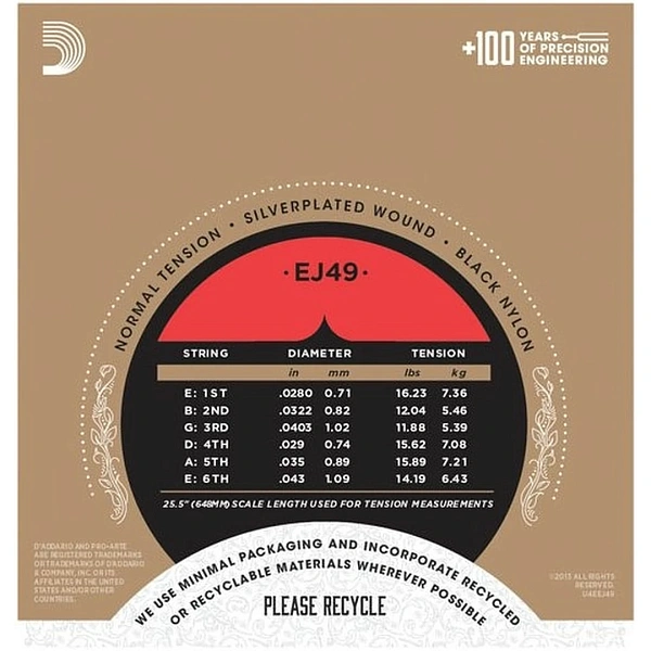 Струны для классической гитары D'Addario EJ49 Black nylon, Normal Tension