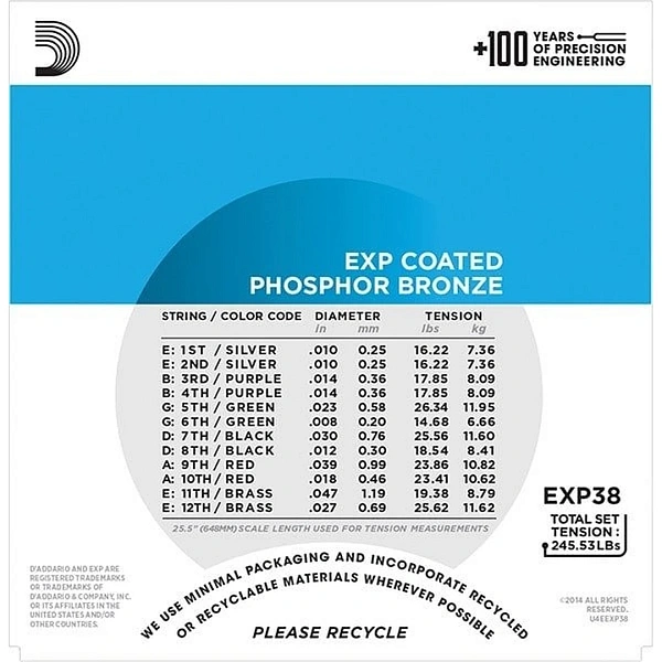 Струны для 12-ти струнной акустической гитары D'Addario EXP38 Light 10-47